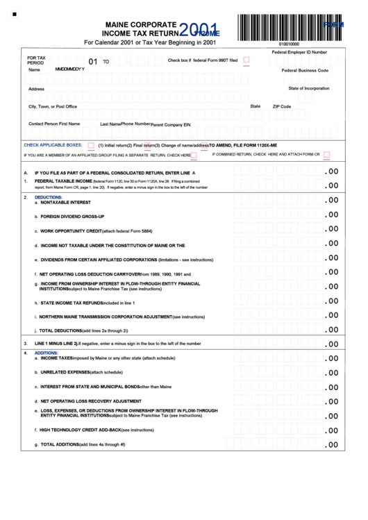 Form 1120me - Maine Corporate Income Tax Return - 2001 Printable pdf