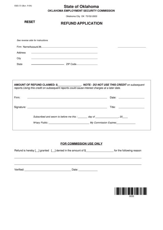 Fillable Form Oes-33 - Refund Application - State Of Oklahoma Printable pdf