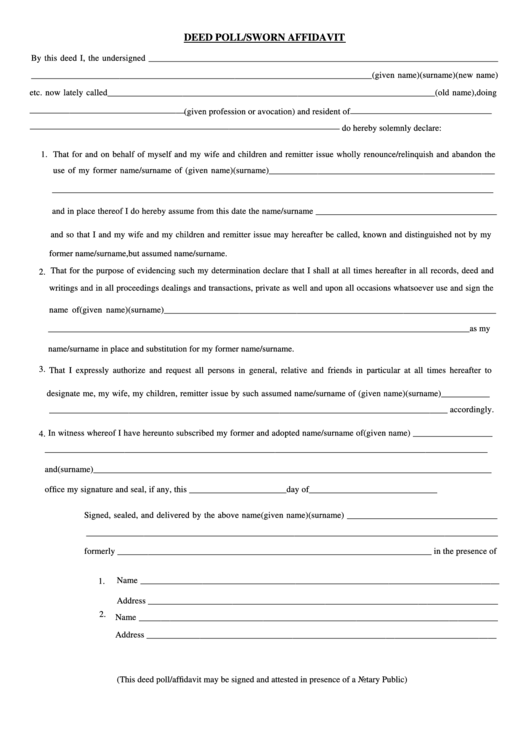 Fillable Deed Poll/sworn Affidavit Form Printable pdf