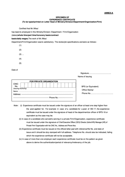 Fillable Specimen Of Experience Certificate Template Printable pdf