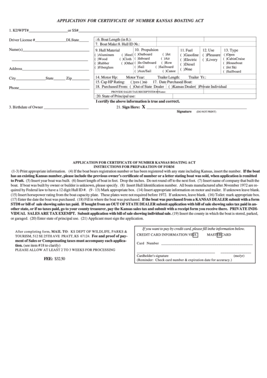 Application For Certificate Of Number Kansas Boating Act Form Printable pdf