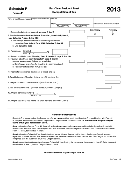 Fillable Form 41 - Schedule P - Part-Year Resident Trust Computation Of Tax - 2013 Printable pdf