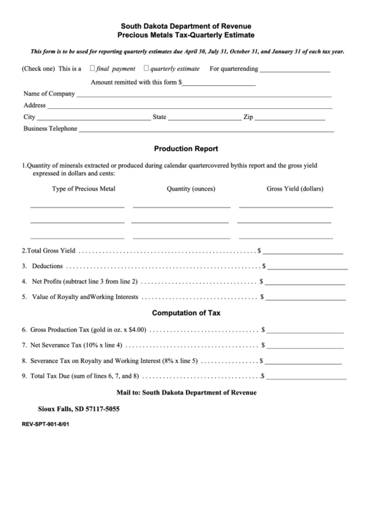 Precious Metals Tax-Quarterly Estimate Form - South Dakota Department Of Revenue Printable pdf