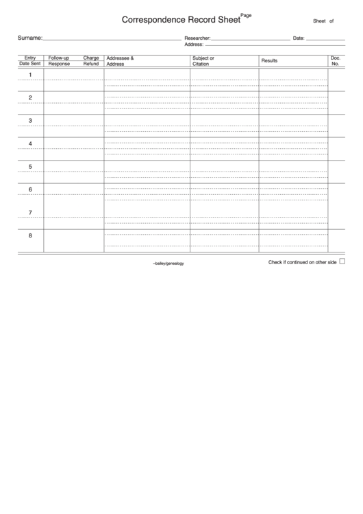 Correspondence Record Sheet Printable pdf
