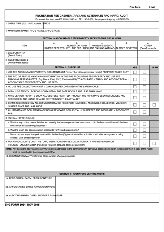 Fillable Eng Form 6064 Recreation Fee Cashier And Alternate Rfc Audit Printable pdf