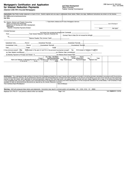 Fillable Form Hud-3111 - Mortgagee
