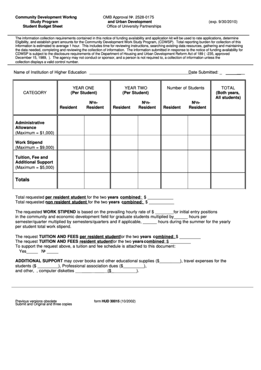 Fillable Form Hud 30015 - Community Development Work Study Program Student Budget Sheet - U.s. Department Of Housing And Urban Development Printable pdf