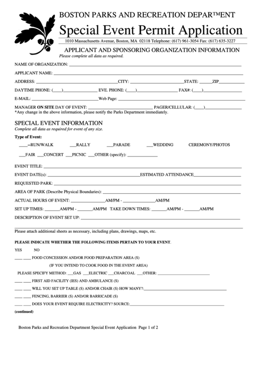 Fillable Special Event Permit Application Form - Boston Parks And Recreation Department Printable pdf
