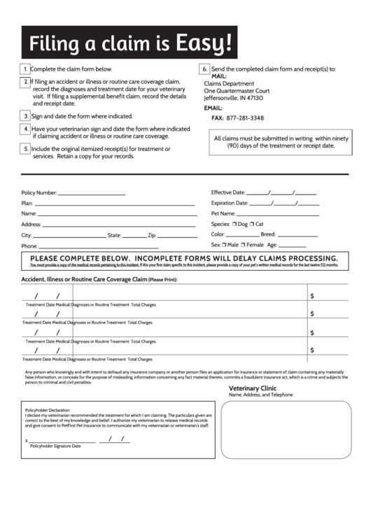 Pet Healthcare Claim Form - Jeffersonville, Indiana Claims Department Printable pdf