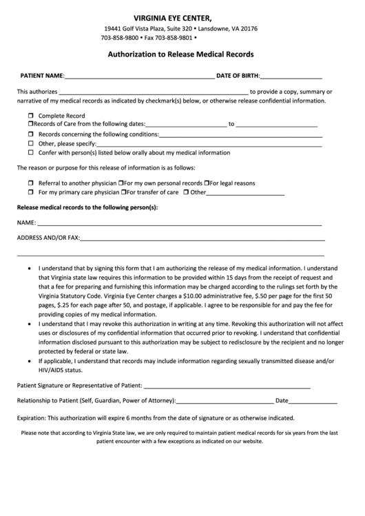 Authorization To Release Medical Records Form Printable pdf