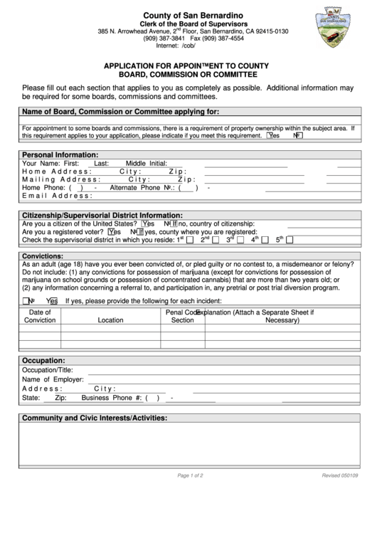 Fillable Application For Appointment To County Board, Commission Or Committee Form - County Of San Bernardino - California Printable pdf