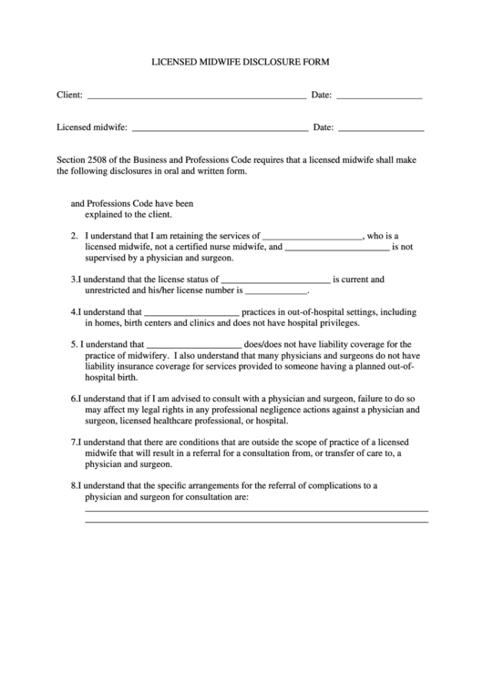 Licensed Midwife Disclosure Form - Medical Board Of California Printable pdf