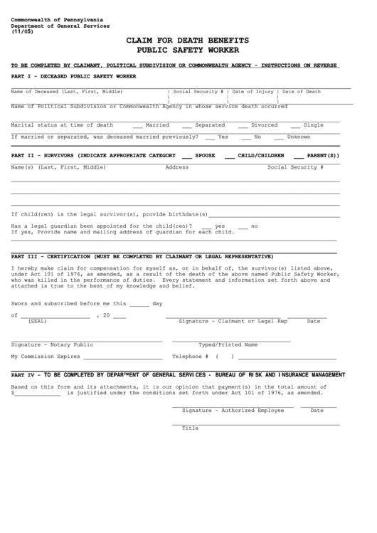 Fillable Claim Form For Death Benefits Public Safety Worker -Commonwealth Of Pennsylvania Department Of General Services Printable pdf