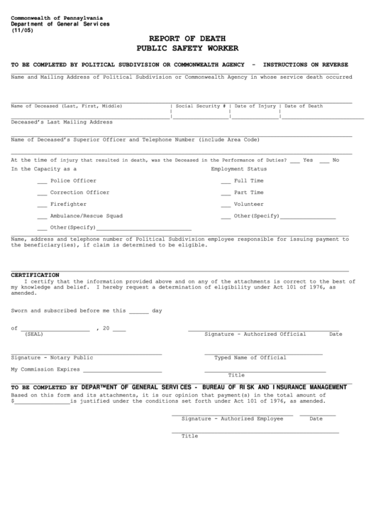 Fillable Report Of Death Public Safety Worker Form - Commonwealth Of Pennsylvania Department Of General Services Printable pdf