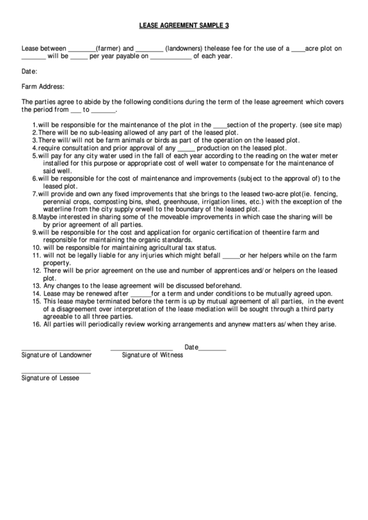 Lease Agreement Sample Form Printable pdf