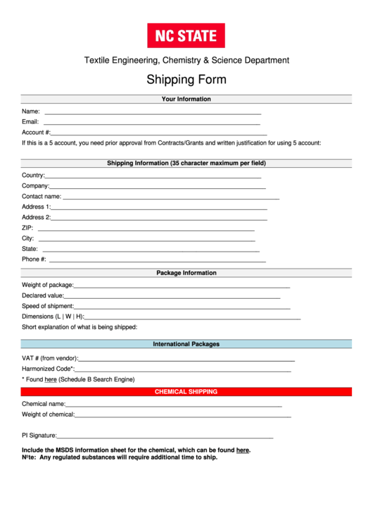 Fillable Shipping Form - North Carolina Textile Engineering, Chemistry & Science Department Printable pdf