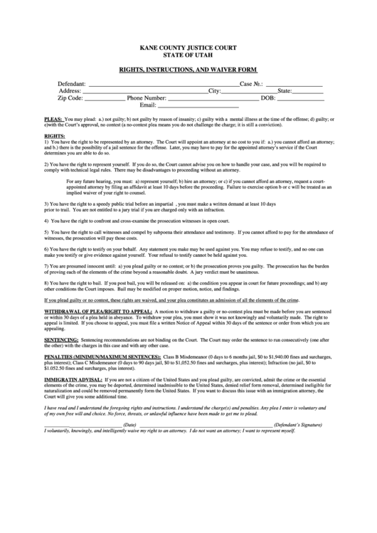Rights, Instructions, And Waiver Form - Kane County Justice Court - Utah Printable pdf