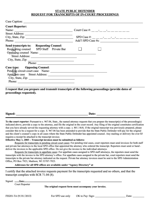 Request For Transcripts Of In-Court Proceedings Form - State Public Defender Printable pdf