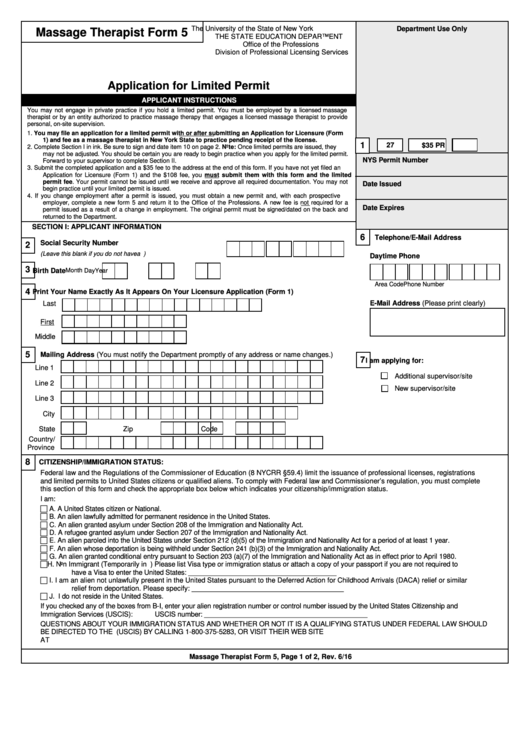 Massage Therapist Form 5 - Application For Limited Permit Printable pdf