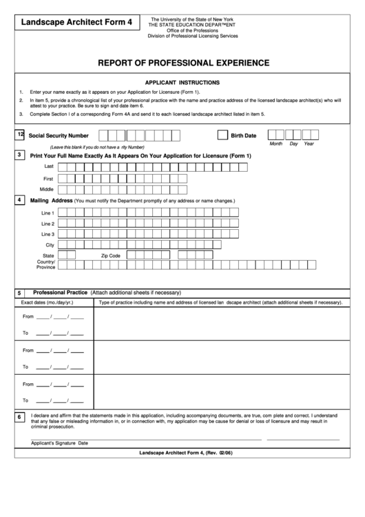 Landscape Architecture Form 4 - Report Of Professional Experience - The State Education Department Printable pdf