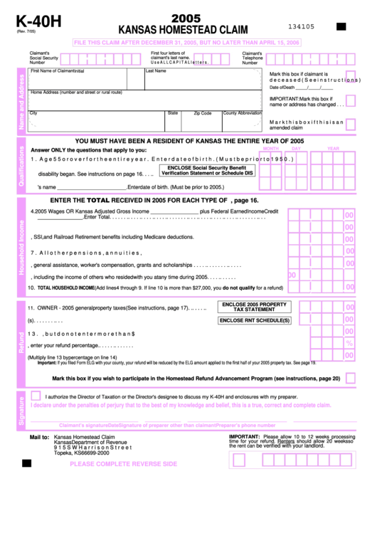 Form K-40h - Kansas Homestead Claim - 2005 Printable pdf