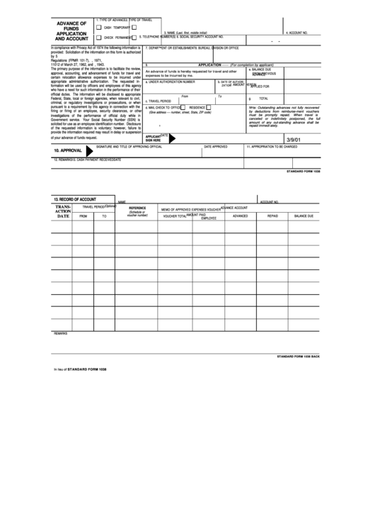 Sf Form 1038 - Advance Of Funds Application And Account Printable pdf