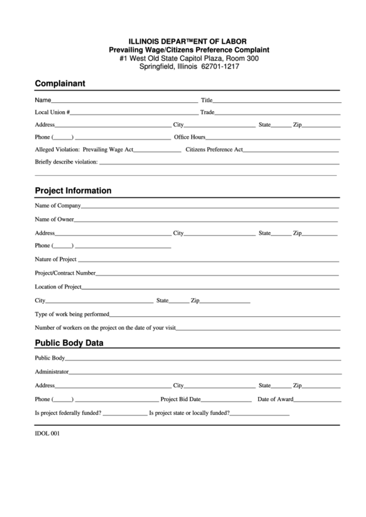 Prevailing Wage/citizens Preference Complaint Form - Illinois Department Of Labor Printable pdf