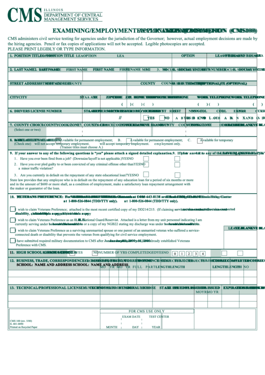Fillable Form Cms100 - Examining/employment Application - Illinois Department Of Central Management Services Printable pdf
