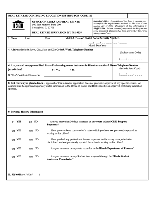 Form Il 505-0339 - Real Estatae Continuing Education Instructor - Illinois Office Of Banks And Real Estate Printable pdf