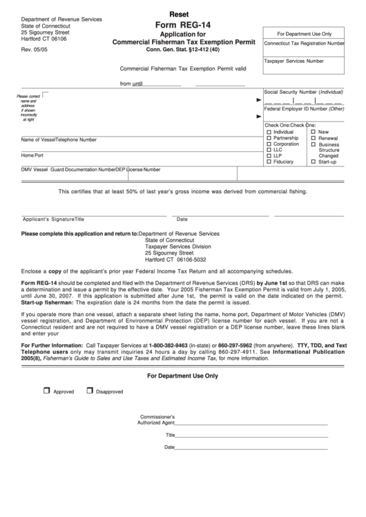 Fillable Form Reg-14 - Application For Commercial Fisherman Tax Exemption Permit - Connecticut Department Of Revenue Services Printable pdf