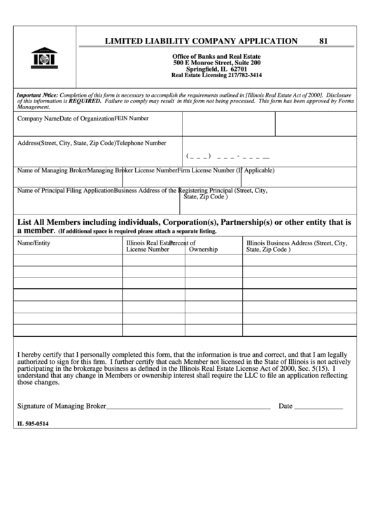 Form 81 - Limited Liability Company Application Printable pdf