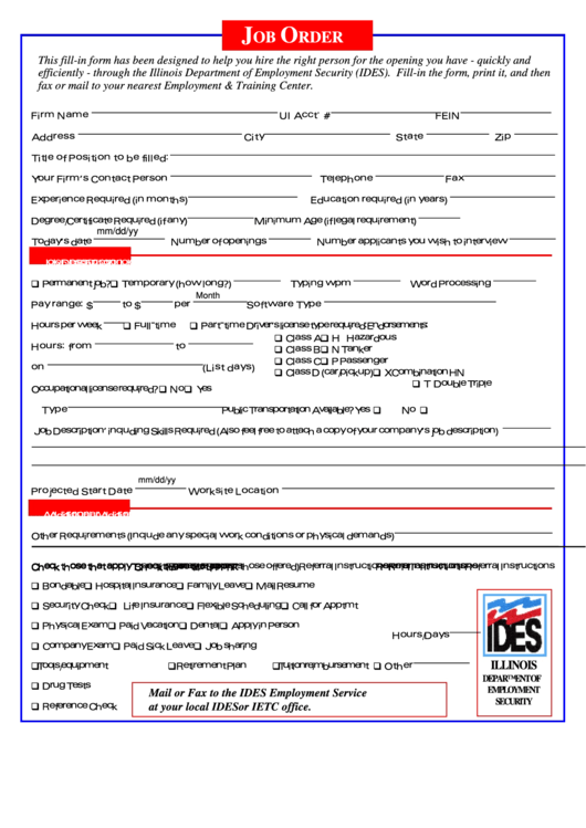 Fillable Job Order Form - Illinois Department Of Employment Security Printable pdf
