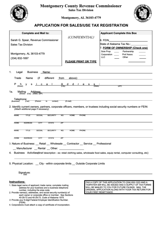 Application For Sales/use Tax Registration - Montgomery County Revenue Commissioner Printable pdf