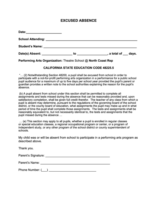 School Excused Absence Form Printable Pdf Download