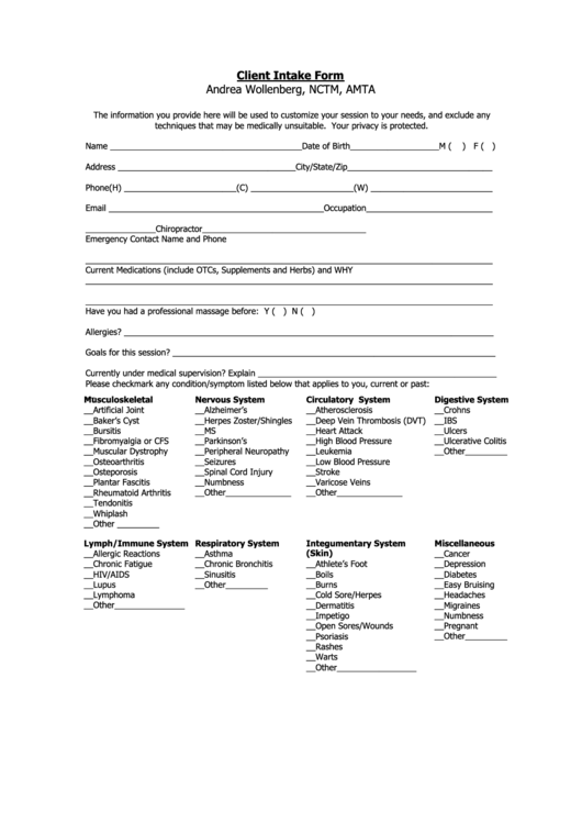 Client Intake Form printable pdf download