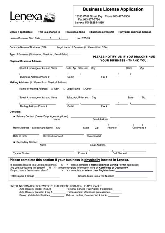 Business License Application Form Printable pdf