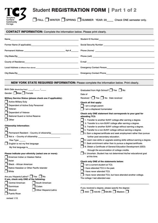 College Student Registration Form Printable pdf