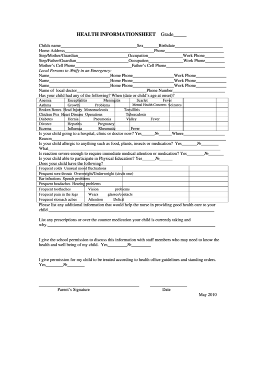Fillable Health Information Sheet-Ear Health Formhistory Printable pdf