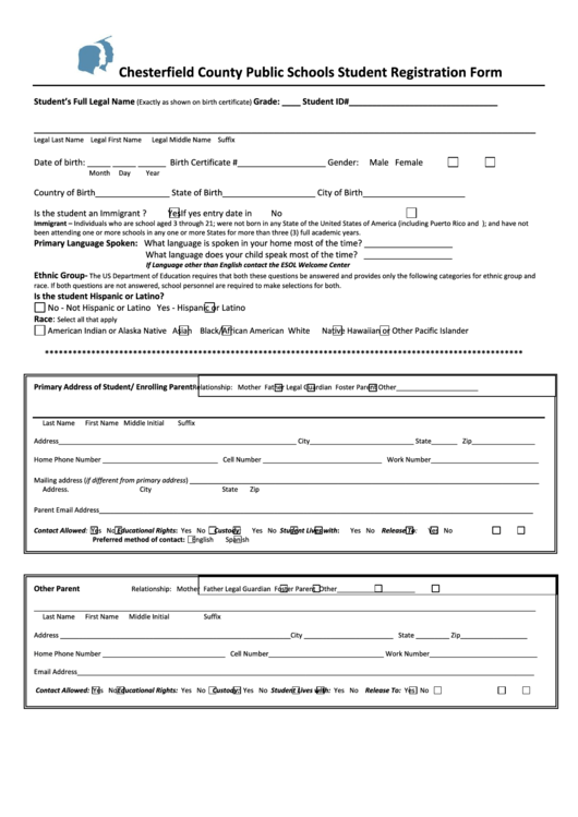 Chesterfield County Public Schools Student Registration Form Printable pdf