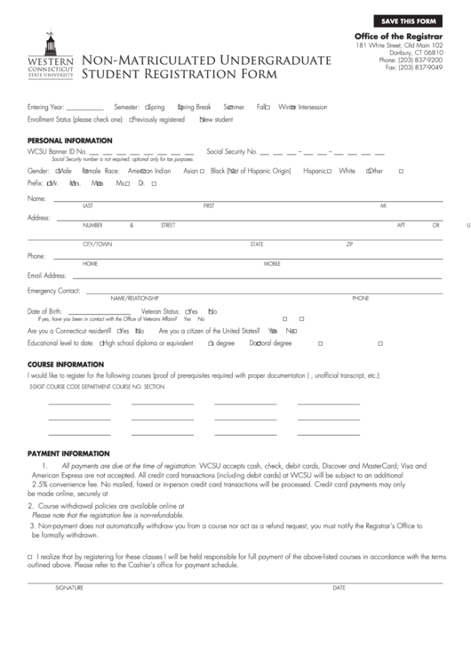 Fillable Non-Matriculated Undergraduate Student Registration Form Printable pdf