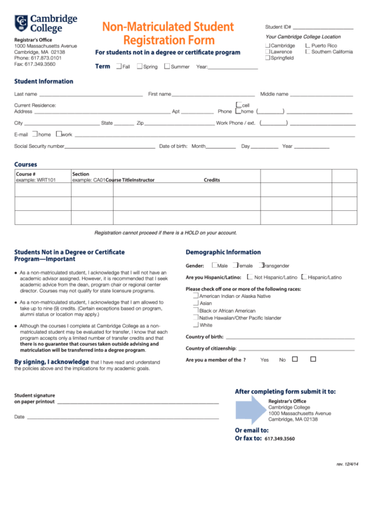 Non-Matriculated Student Registration Form - Cambridge College Forn Printable pdf