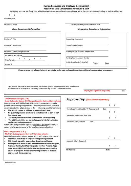 Fillable Request For Extra Compensation For Faculty & Staf Form - Human Resources And Employee Development Printable pdf
