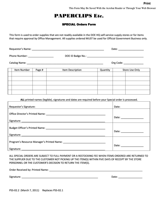 Fillable Form Pss-02.2 - Special Order Form - Paperclips Etc. Printable pdf