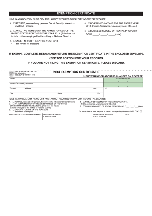 Exemption Certificate Form - Division Of Taxation - 2013 Printable pdf