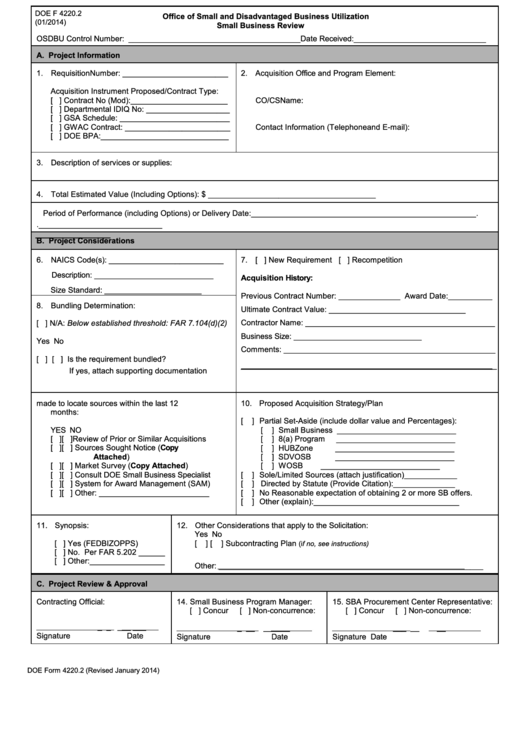 Fillable Doe Form 4220.2 - Small Business Review Printable pdf