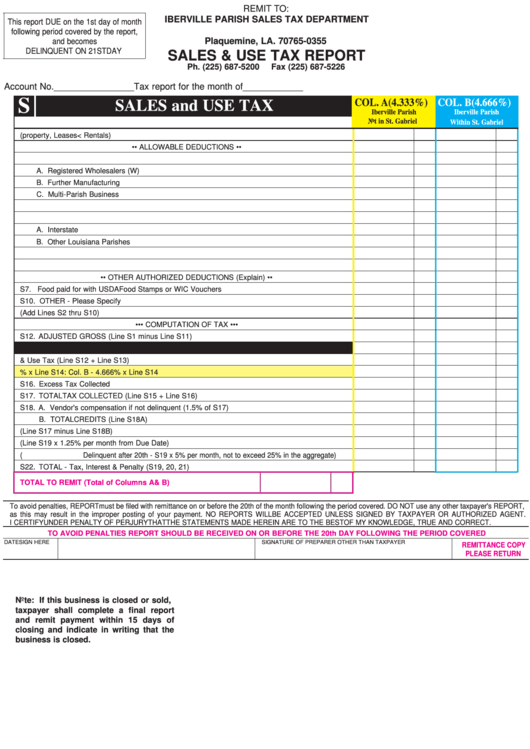 Sales & Use Tax Report Form Printable pdf
