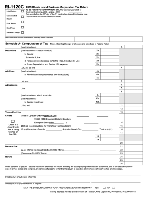 Form Ri-1120c - Business Corporation Tax Return - 2005 Printable pdf