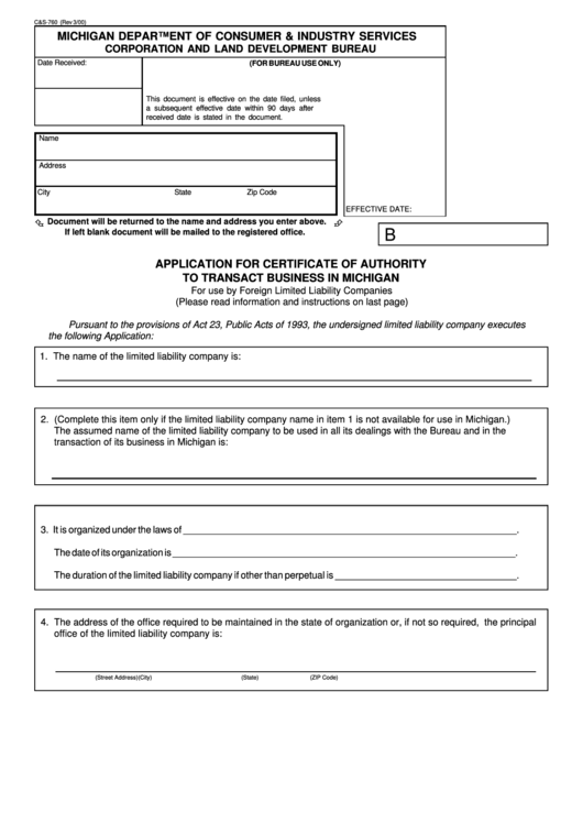Fillable Form C&s-760 - Application For Certificate Of Authority To Transact Business In Michigan Printable pdf