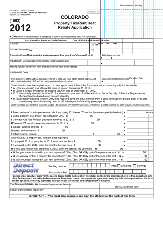 Form Dr 104 Ptc - Property Tax/rent/heat Rebate Application/dr 4679 Ptc - Affidavit)- 2012 Printable pdf