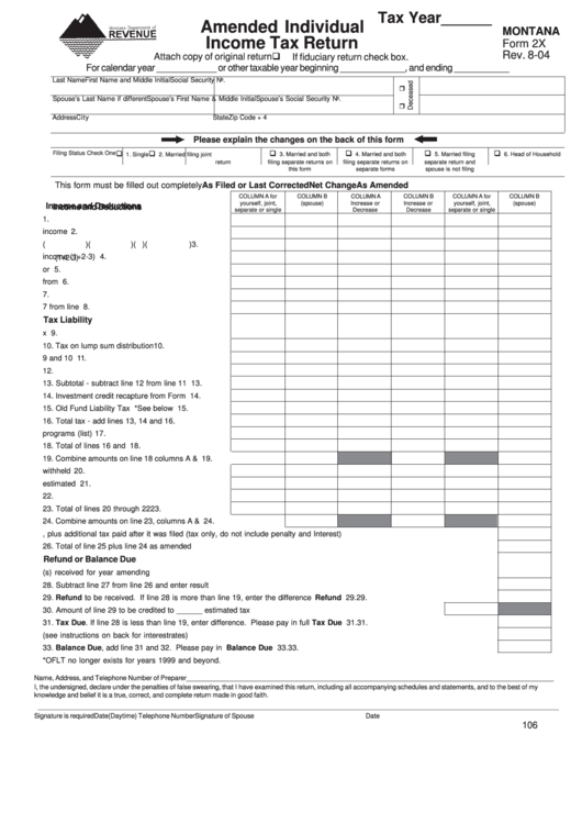 Fillable Montana Form 2x - Amended Individual Income Tax Return Printable pdf